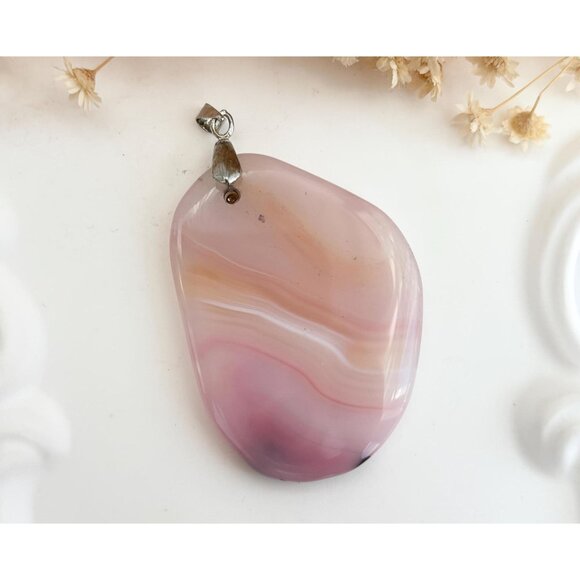 Apricot Polished Banded Agate Crystal Free-Form Sterling Silver Vintage Pendant - Picture 1 of 12
